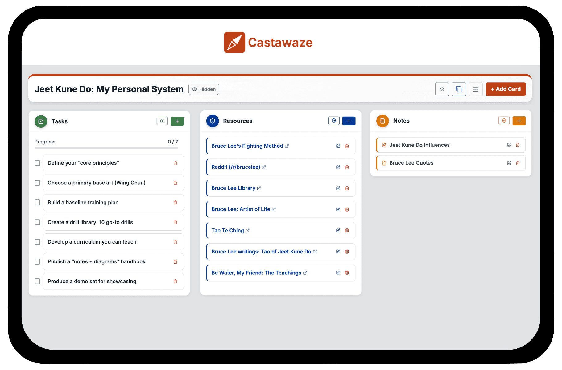 Castawaze project board showing tasks, resources, and notes